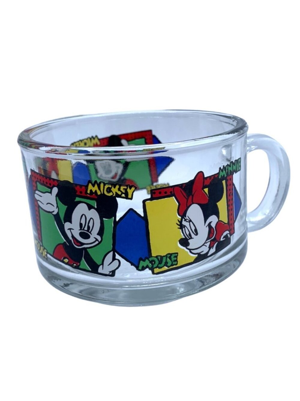 Vintage Disney Mickey and Minnie Mouse Glass Mug Soup 3" Diameter Microwave Safe